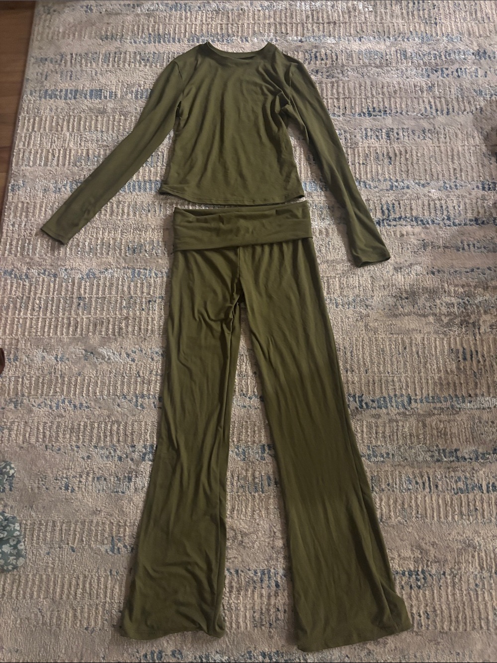 Amazon Olive Green Women's Long Sleeve Pajama Top & Fold-Over Waist Pants